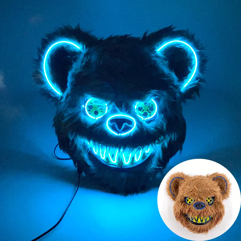 Hot Sale Glowing Cosplay Bunny Bear Face Mask Scary Bloody Killer Mask Neon Horror Rabbit Mask Halloween Masque Supplies