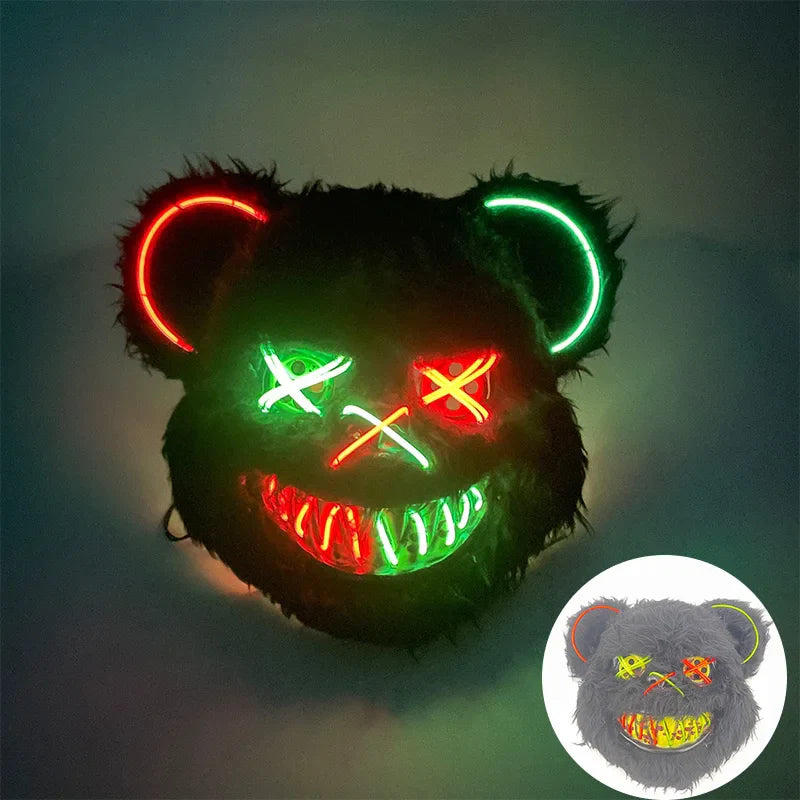 Hot Sale Glowing Cosplay Bunny Bear Face Mask Scary Bloody Killer Mask Neon Horror Rabbit Mask Halloween Masque Supplies