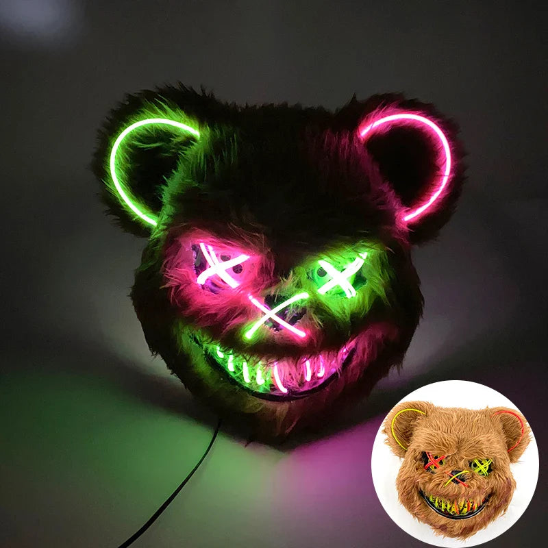 Hot Sale Glowing Cosplay Bunny Bear Face Mask Scary Bloody Killer Mask Neon Horror Rabbit Mask Halloween Masque Supplies