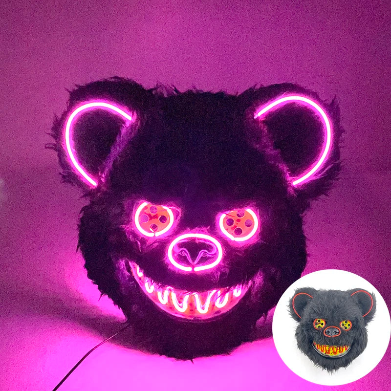 Hot Sale Glowing Cosplay Bunny Bear Face Mask Scary Bloody Killer Mask Neon Horror Rabbit Mask Halloween Masque Supplies