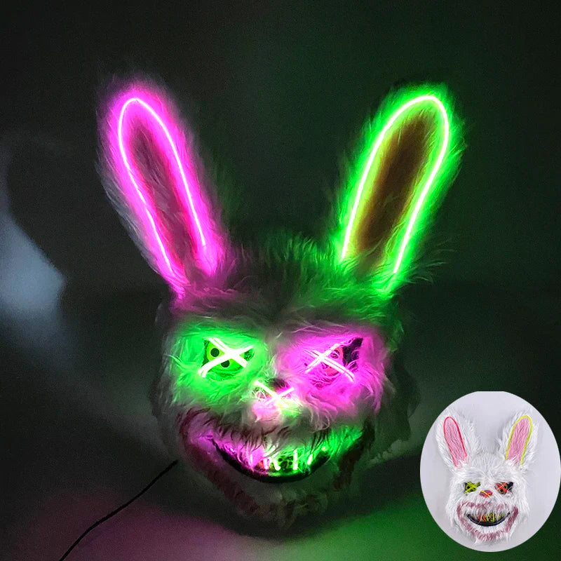 Hot Sale Glowing Cosplay Bunny Bear Face Mask Scary Bloody Killer Mask Neon Horror Rabbit Mask Halloween Masque Supplies