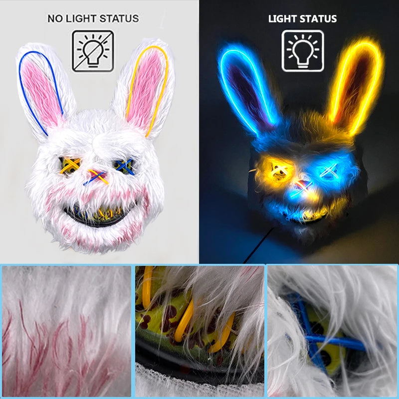 Hot Sale Glowing Cosplay Bunny Bear Face Mask Scary Bloody Killer Mask Neon Horror Rabbit Mask Halloween Masque Supplies
