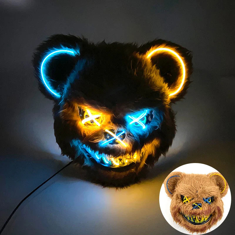 Hot Sale Glowing Cosplay Bunny Bear Face Mask Scary Bloody Killer Mask Neon Horror Rabbit Mask Halloween Masque Supplies