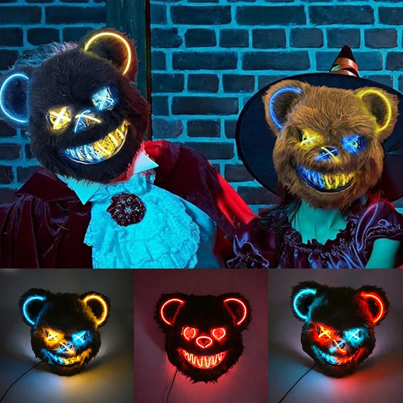 Hot Sale Glowing Cosplay Bunny Bear Face Mask Scary Bloody Killer Mask Neon Horror Rabbit Mask Halloween Masque Supplies
