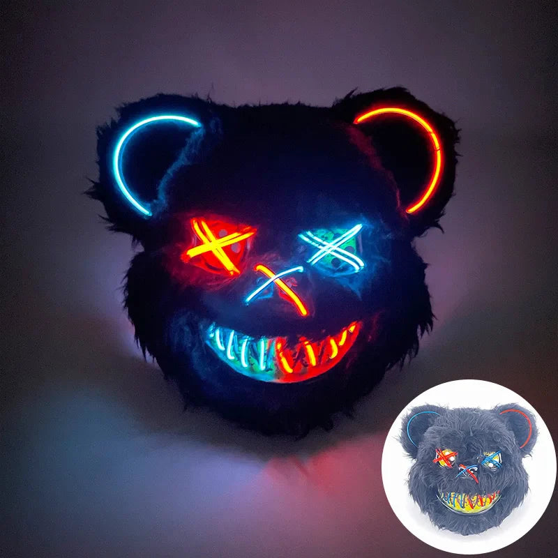 Hot Sale Glowing Cosplay Bunny Bear Face Mask Scary Bloody Killer Mask Neon Horror Rabbit Mask Halloween Masque Supplies