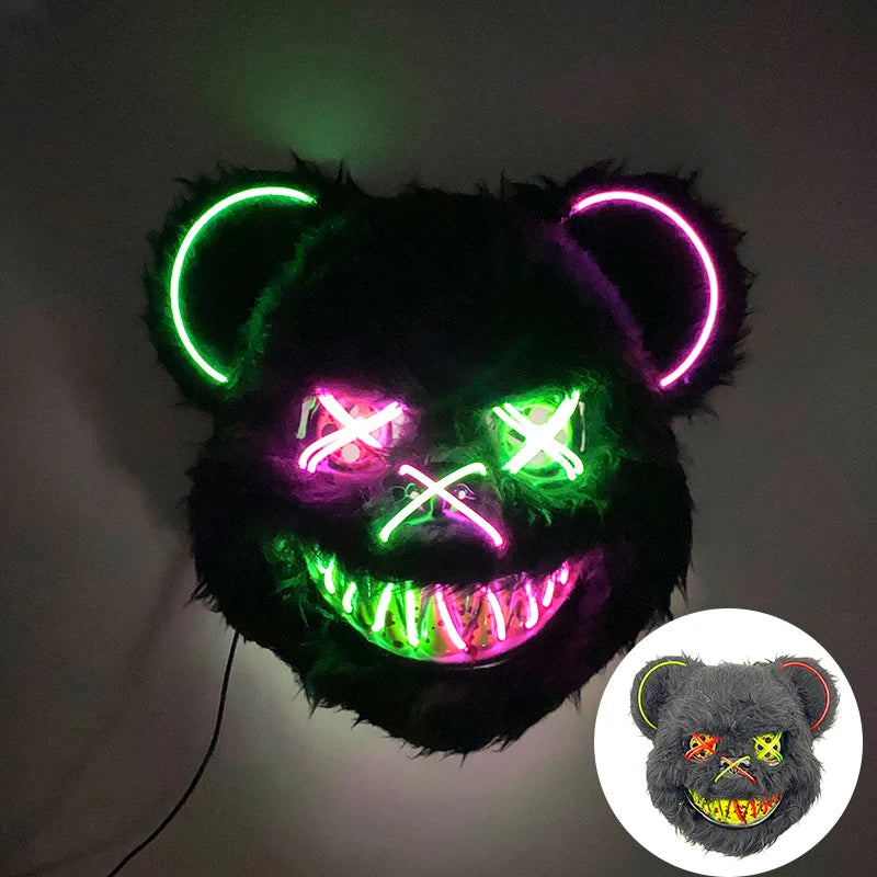 Hot Sale Glowing Cosplay Bunny Bear Face Mask Scary Bloody Killer Mask Neon Horror Rabbit Mask Halloween Masque Supplies