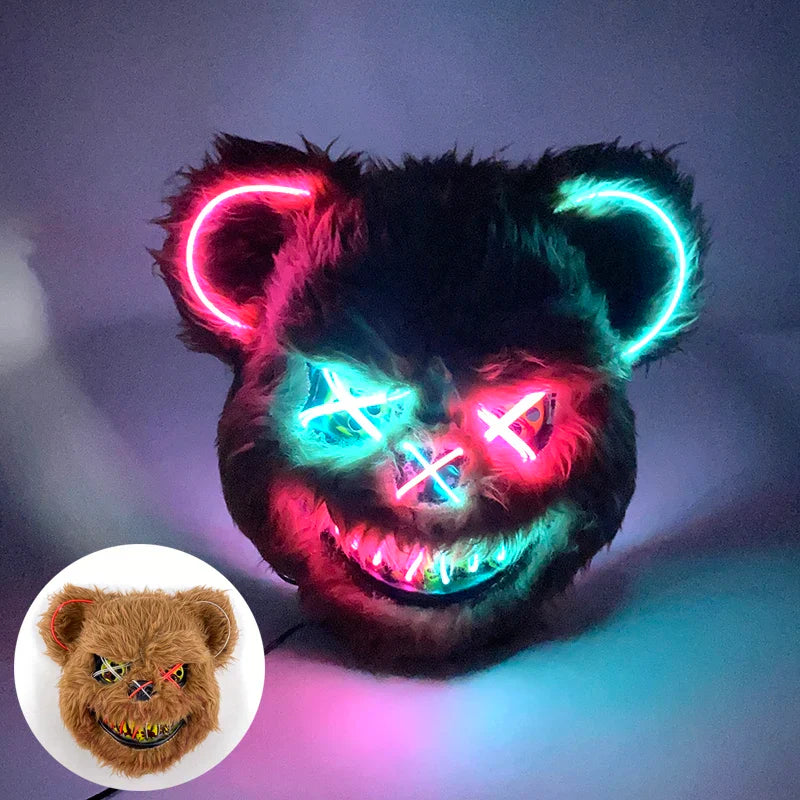 Hot Sale Glowing Cosplay Bunny Bear Face Mask Scary Bloody Killer Mask Neon Horror Rabbit Mask Halloween Masque Supplies