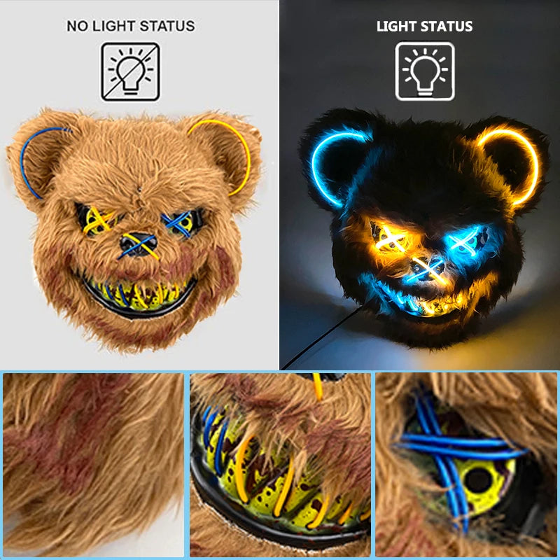 Hot Sale Glowing Cosplay Bunny Bear Face Mask Scary Bloody Killer Mask Neon Horror Rabbit Mask Halloween Masque Supplies