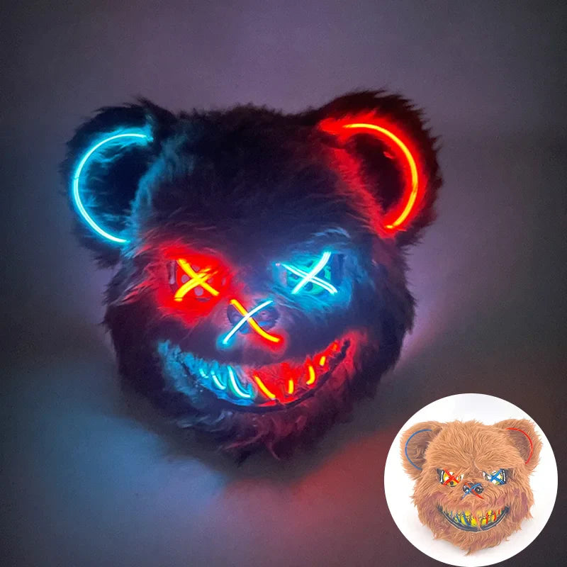Hot Sale Glowing Cosplay Bunny Bear Face Mask Scary Bloody Killer Mask Neon Horror Rabbit Mask Halloween Masque Supplies