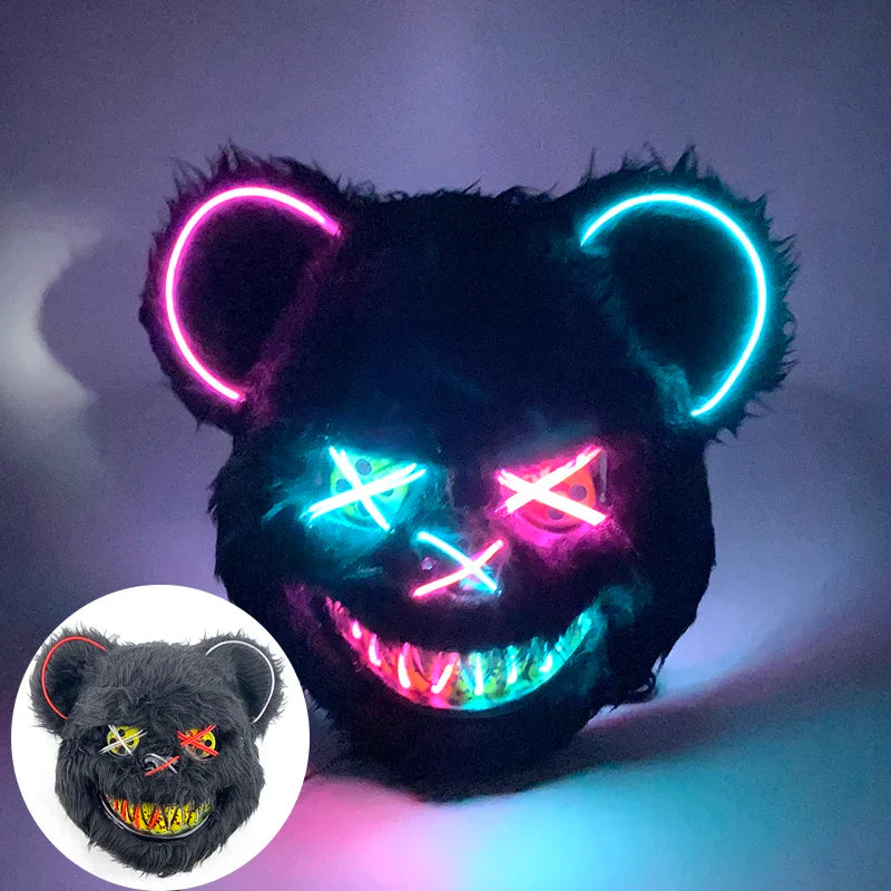 Hot Sale Glowing Cosplay Bunny Bear Face Mask Scary Bloody Killer Mask Neon Horror Rabbit Mask Halloween Masque Supplies